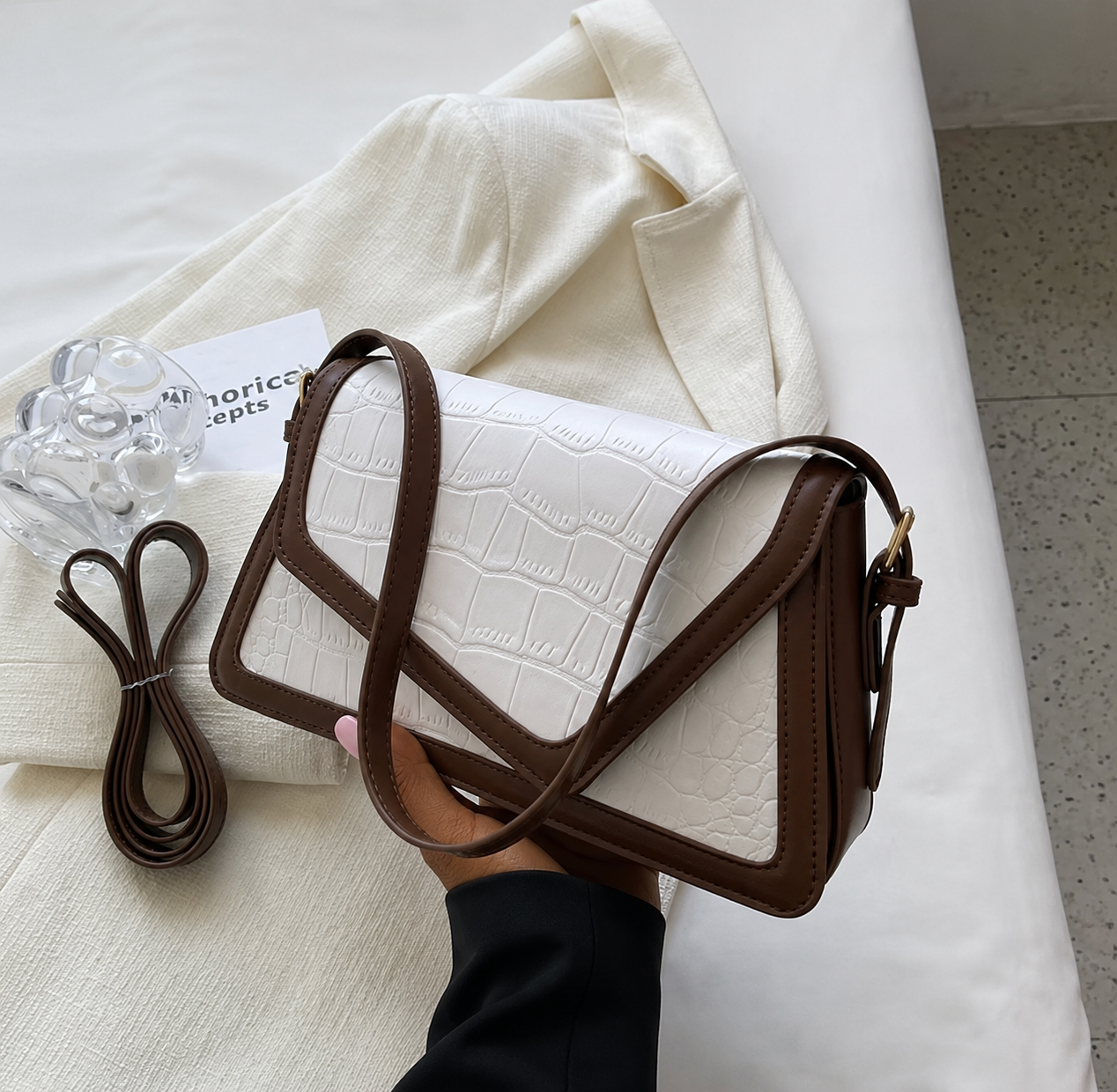Croc-Embossed Shoulder Bag - White & Brown Croc-Embossed Shoulder Bag - White & Brown