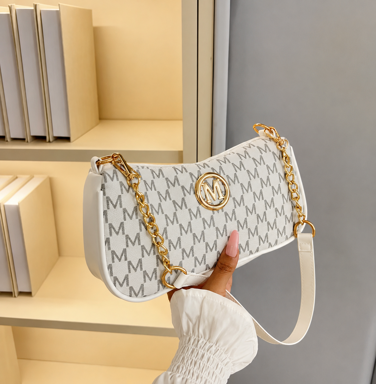 Monogram Chain Shoulder Bag - White Monogram Chain Shoulder Bag - White