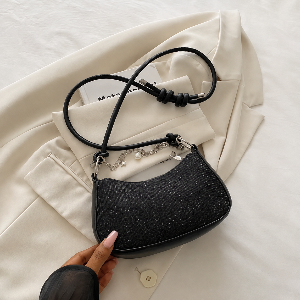 Sparkle Mini Baguette Shoulder Bag - Black Sparkle Mini Baguette Shoulder Bag - Black - Image 2