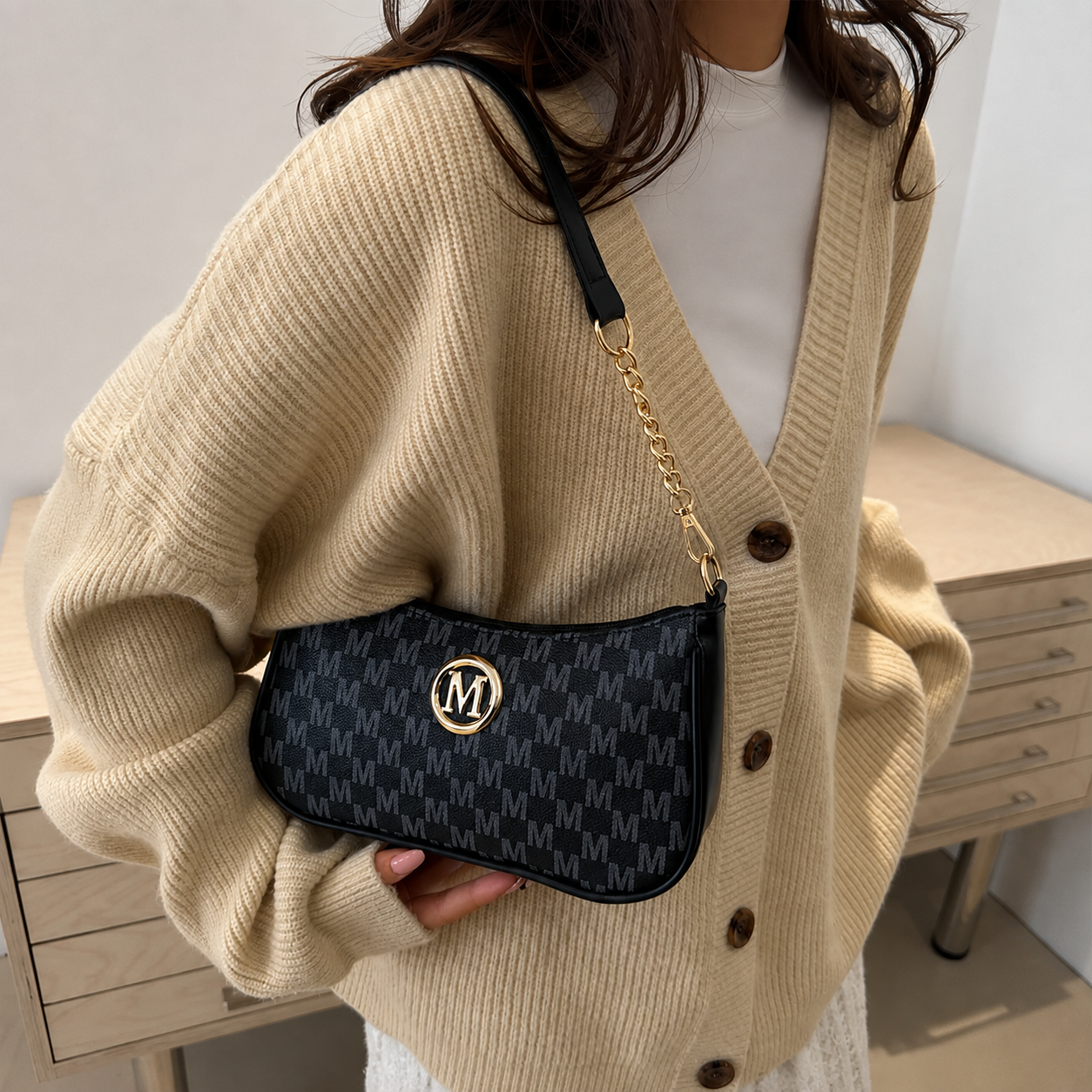 Monogram Chain Shoulder Bag - Black Monogram Chain Shoulder Bag - Black - Image 2
