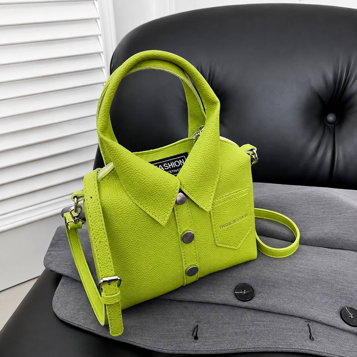 Shirt-Style Collared Crossbody Bag – Lime Green Shirt-Style Collared Crossbody Bag – Lime Green - Image 4