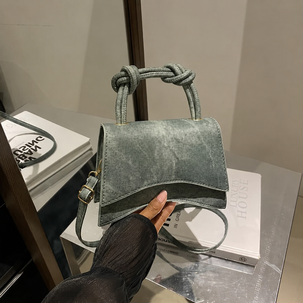 Mini Denim Top Handle Bag - Army Green Mini Denim Top Handle Bag - Army Green