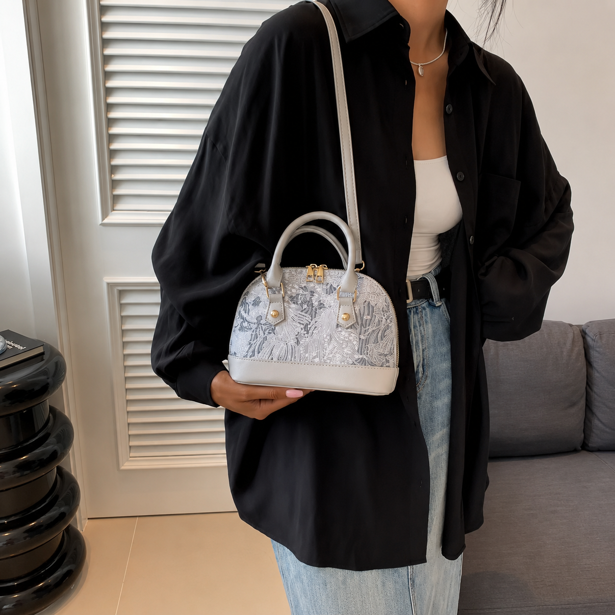 Valentina Pearl Dome Bag - Soft Grey Valentina Pearl Dome Bag - Soft Grey - Image 3