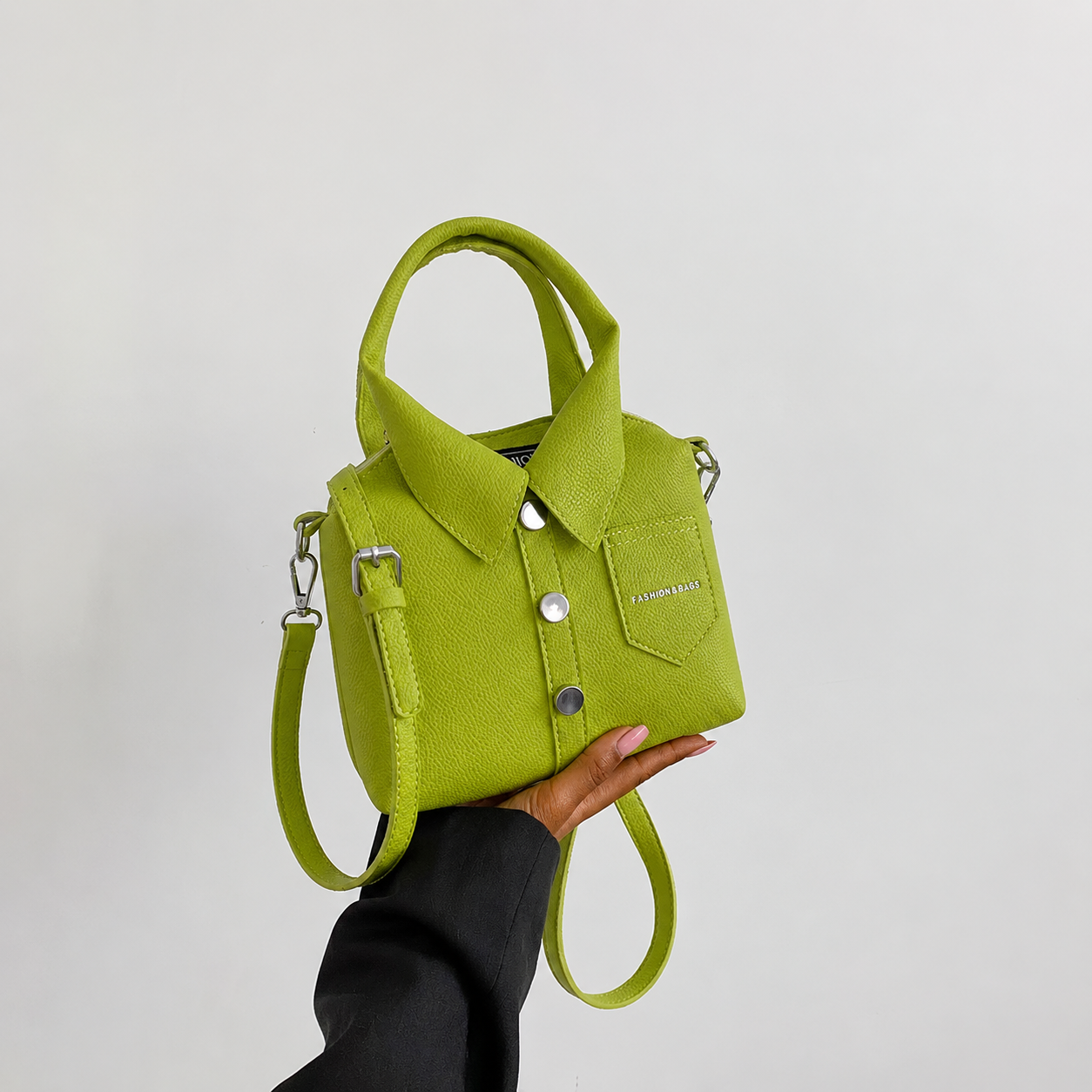 Shirt-Style Collared Crossbody Bag – Lime Green Shirt-Style Collared Crossbody Bag – Lime Green - Image 2