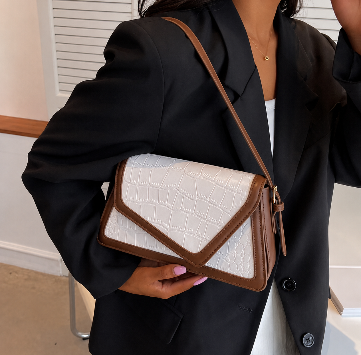 Croc-Embossed Shoulder Bag - White & Brown Croc-Embossed Shoulder Bag - White & Brown - Image 3