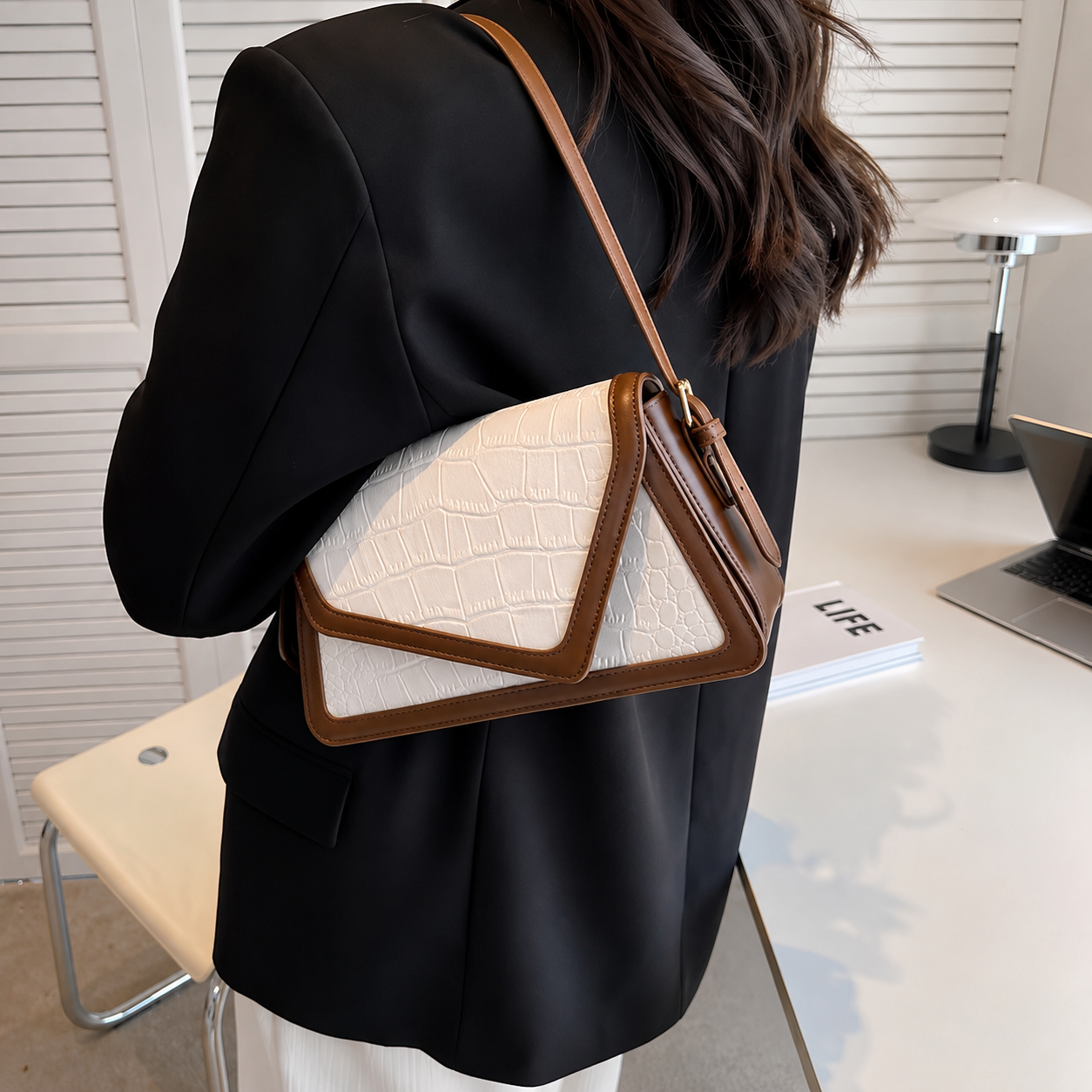 Croc-Embossed Shoulder Bag - White & Brown Croc-Embossed Shoulder Bag - White & Brown - Image 5