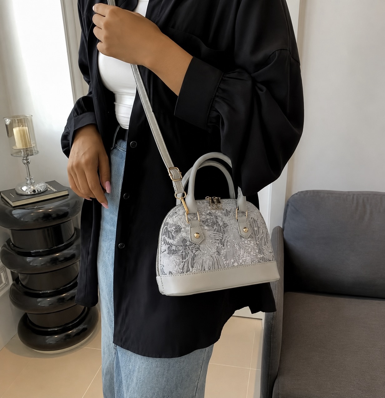 Valentina Pearl Dome Bag - Soft Grey Valentina Pearl Dome Bag - Soft Grey - Image 4