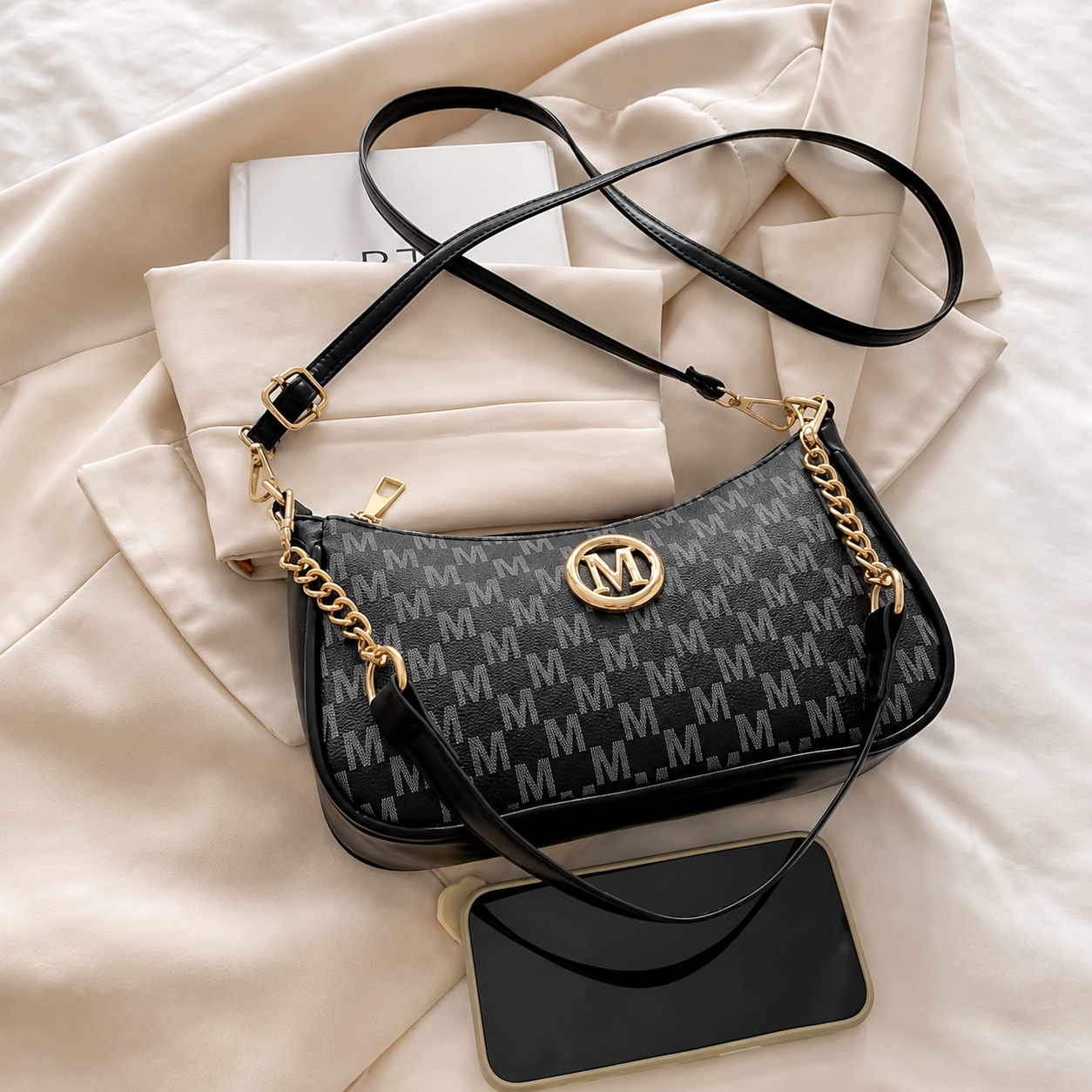 Monogram Chain Shoulder Bag - Black Monogram Chain Shoulder Bag - Black - Image 3