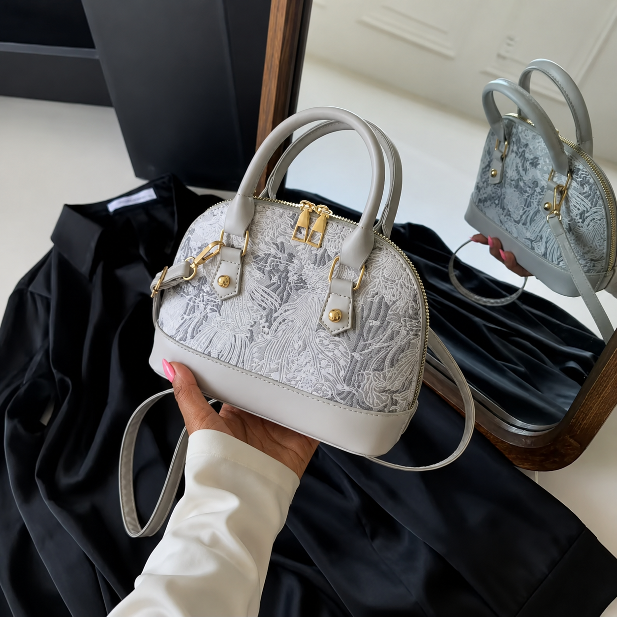 Valentina Pearl Dome Bag - Soft Grey Valentina Pearl Dome Bag - Soft Grey