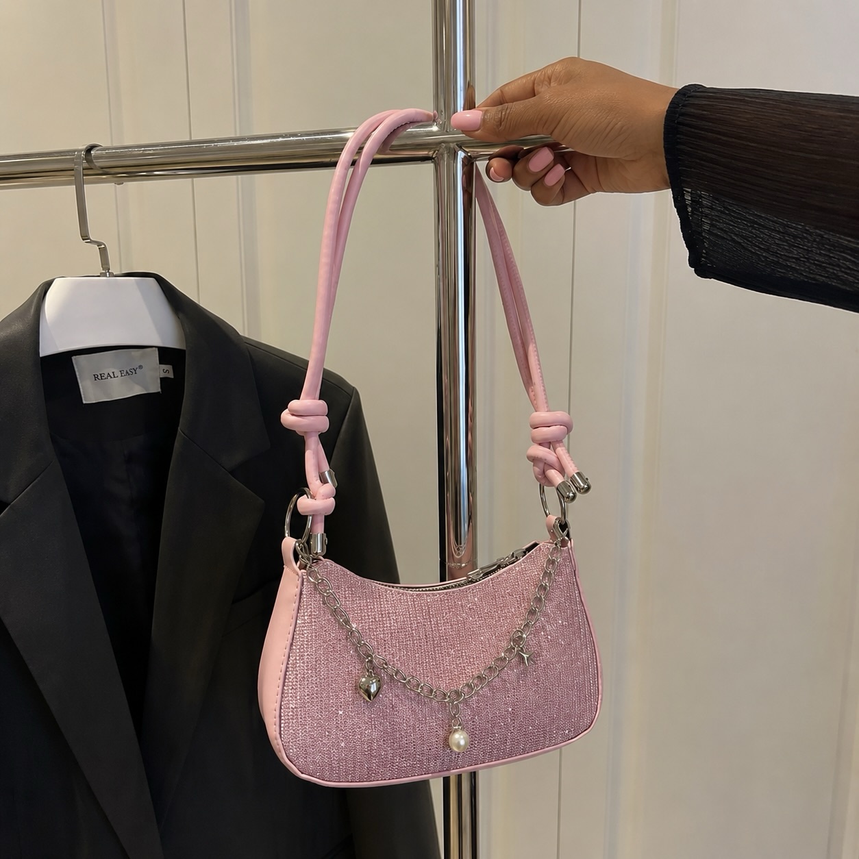 Sparkle Mini Baguette Shoulder Bag - Pink Sparkle Mini Baguette Shoulder Bag - Pink - Image 2