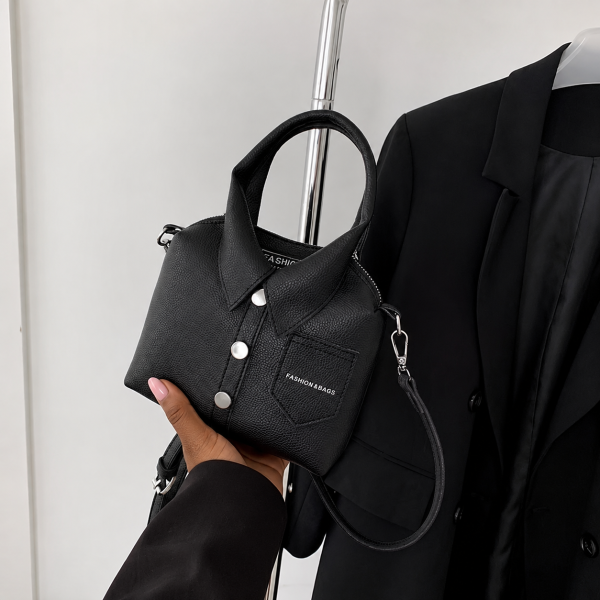 Shirt-Style Collared Crossbody Bag – Black