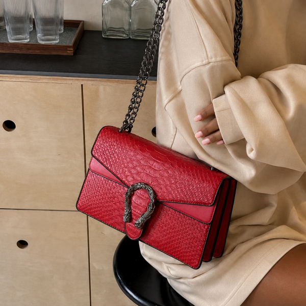 Alternative view of Modern Snake Print Crossbody Chain Bag – Red
