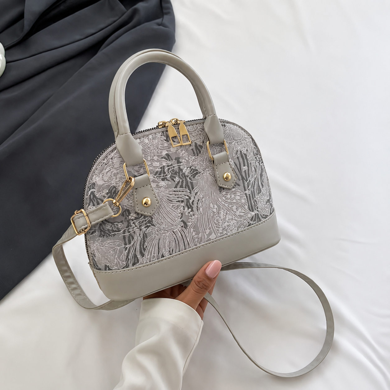 Valentina Pearl Dome Bag - Soft Grey Valentina Pearl Dome Bag - Soft Grey - Image 5