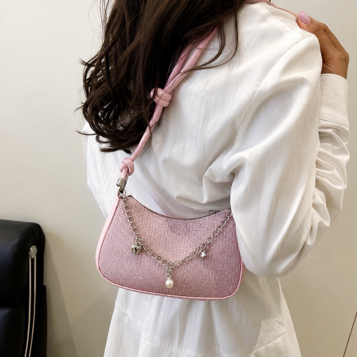 Sparkle Mini Baguette Shoulder Bag - Pink Sparkle Mini Baguette Shoulder Bag - Pink - Image 3