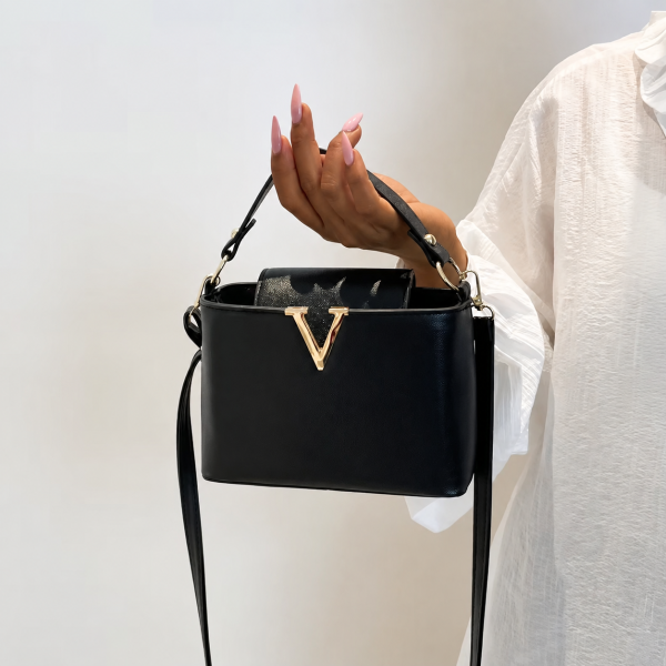 Alternative view of V-Detail Mini Top Handle Crossbody Bag – Black